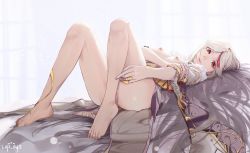  1girl absurdres barefoot bed_sheet black_shorts breasts breasts_out claw_ring detached_sleeves dress feet frilled_sleeves frills full_body fur_trim genshin_impact gloves hair_ornament hand_on_own_arm highres large_breasts legs lips long_hair looking_at_viewer lufi_ays lying ningguang_(genshin_impact) nipples on_back parted_bangs red_eyes shorts simple_background solo tassel toes white_background white_dress  rating:Questionable score:58 user:danbooru