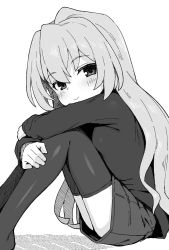  1girl aisaka_taiga blush closed_mouth feet_out_of_frame from_side greyscale highres hugging_own_legs long_hair looking_at_viewer looking_to_the_side miniskirt monochrome no_shoes shirt simple_background skirt smile solo thighhighs toradora! wagashi_(dagashiya) white_background  rating:Sensitive score:126 user:danbooru