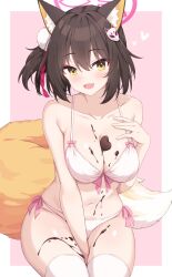  1girl absurdres animal_ear_fluff animal_ears black_hair blue_archive blush bra breasts chocolate chocolate_on_body chocolate_on_breasts cleavage collarbone eyeshadow fang food_on_body fox_ears fox_tail halo hayana_neru highres izuna_(blue_archive) large_breasts looking_at_viewer makeup open_mouth panties pink_eyeshadow pink_halo short_hair skin_fang smile solo tail thighhighs underwear white_bra white_panties white_thighhighs yellow_eyes  rating:Sensitive score:30 user:danbooru