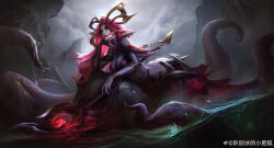 1girl absurdres ass asymmetrical_gloves black_skin breasts cloud colored_skin commentary_request coven_(league_of_legends) coven_nami dark_clouds gloves grey_skin highres holding holding_staff league_of_legends mermaid mismatched_gloves monster_girl nami_(league_of_legends) rain red_eyes red_hair scylla staff tentacles 