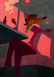  1boy arm_rest arm_up building cigarette collarbone crash_bandicoot_(series) crossed_legs feet_out_of_frame from_behind furry furry_male green_shirt grimace highres holding holding_cigarette indoors jacket male_focus mohawk namiki_kazama pants pinstripe_jacket pinstripe_pattern pinstripe_potoroo purple_jacket shirt signature sitting skyscraper smoke solo table 