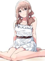  1girl arm_support barefoot belt blush breasts brown_eyes brown_hair casual collarbone commentary_request dress harukana_receive highres low_twintails nyoijizai oozora_haruka_(harukana_receive) short_dress simple_background sitting smile solo twintails wariza white_background white_dress 