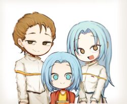  1boy 2girls blue_eyes blue_hair blurry brown_eyes brown_hair capelet chinese_commentary commentary_request enomoto_george enomoto_kazue enomoto_noa family gold_trim jacket long_hair long_sleeves multiple_girls no_nose open_clothes open_jacket open_mouth parted_bangs red_jacket saibou_shinkyoku shirt short_hair simple_background smile white_background white_capelet white_shirt xinjinjumin558540324569 yellow_shirt 