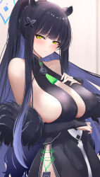  1girl :t absurdres animal_ear_fluff animal_ears bare_shoulders black_dress black_hair blue_archive blue_halo breasts china_dress chinese_clothes dress feather_boa green_eyes halo hand_on_own_chest highres kunizaki large_breasts looking_at_viewer looking_to_the_side pout shun_(blue_archive) side_slit sleeveless sleeveless_dress tiger_ears tiger_girl 