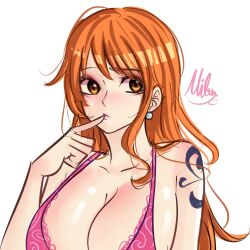 1girl breasts cleavage large_breasts mifenami nami_(one_piece) one_piece orange_eyes orange_hair shoulder_tattoo tattoo upper_body