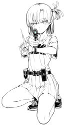  1girl aiming aiming_at_viewer asymmetrical_bangs belt_pouch closed_mouth cross-laced_footwear flashlight full_body greyscale gun handgun highres holding holding_flashlight holding_gun holding_weapon jitome looking_at_viewer monochrome on_one_knee one_side_up original parted_bangs pleated_skirt pointing_gun pouch samaru_(seiga) shirt shirt_tucked_in shoes short_hair skirt sneakers solo spot_color squatting t-shirt weapon 