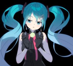  1girl black_background black_dress black_gloves blue_eyes blue_hair commentary_request dress earrings food-themed_hair_ornament gloves hair_ornament hatsune_miku highres instrument_hair_ornament jewelry kanzaki_hiro light_blush looking_at_viewer number_tattoo open_mouth parted_lips simple_background sleeveless sleeveless_dress solo spring_onion_hair_ornament tattoo twintails vocaloid 