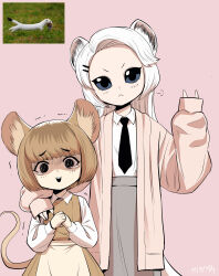  2girls :&lt; absurdres animal_ears apron arm_around_shoulder black_eyes black_necktie blue_eyes brown_hair collared_shirt creature_and_personification dress gegegekman hair_ornament hairclip highres jacket long_hair looking_at_viewer mouse_(animal) mouse_ears mouse_girl mouse_tail multiple_girls necktie open_clothes open_jacket open_mouth original own_hands_together photo_inset pink_background reference_inset scared school_uniform shirt short_hair size_difference skirt sleeves_past_wrists tail tears teeth trembling upper_teeth_only v weasel weasel_girl weasel_tail white_hair 