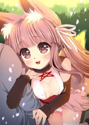 1girl :d animal_ears arm_hug breasts brown_eyes brown_footwear brown_hair cleavage commentary_request day detached_sleeves fingernails fox_ears fox_girl fox_tail grey_shirt hair_ribbon heart heart-shaped_pupils highres long_hair long_sleeves medium_breasts open_mouth original outdoors pink_skirt pink_thighhighs revision ribbon shirt skirt sleeves_past_wrists smile solo_focus suzune_rai symbol-shaped_pupils tail thighhighs very_long_hair white_ribbon rating:Sensitive score:8 user:danbooru