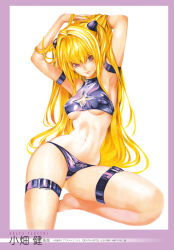  1girl arm_strap armpits arms_up barefoot bikini blonde_hair breasts closed_mouth covered_erect_nipples crop_top expressionless hair_between_eyes hair_intakes highres konjiki_no_yami lips long_hair looking_at_viewer medium_breasts navel obata_takeshi red_eyes shiny_skin solo swimsuit thigh_strap to_love-ru two_side_up underboob very_long_hair  rating:Questionable score:32 user:danbooru