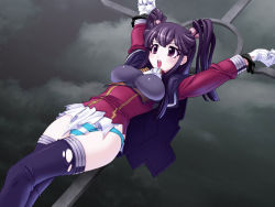  1girl bdsm bondage bound breasts cross demonbane female_focus game_cg gloves gradient_background hadou_ruri nipples open_mouth outdoors panties purple_eyes purple_hair skirt sky solo striped_clothes striped_panties tagme thighhighs tied torn_clothes underwear  rating:Explicit score:18 user:ferrarig