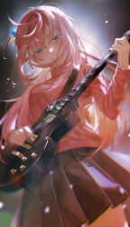  1girl absurdres artist_name black_skirt blue_eyes blush bocchi_the_rock! breasts commentary_request crossed_bangs cube_hair_ornament dated electric_guitar from_below gibson_les_paul gotoh_hitori gradient_background guitar guitar_strap hair_between_eyes hair_intakes hair_ornament hair_over_shoulder half-closed_eyes head_tilt highres holding holding_instrument instrument jacket large_breasts long_hair looking_at_viewer messy_hair music night night_sky o_28_otsuha parted_lips pink_hair pink_jacket pink_track_suit playing_instrument pleated_skirt sidelocks skirt sky smile solo sweat sweatdrop tears teeth thighs track_jacket twitter_username very_long_hair 