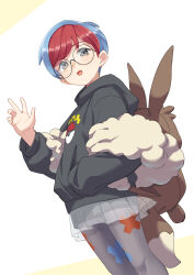  1girl backpack bag black-framed_eyewear black_hoodie blue_hair blush brown_background creatures_(company) from_side game_freak glasses grey_eyes grey_pantyhose hand_in_pocket hand_up highres hood hood_down hoodie long_sleeves looking_at_viewer looking_to_the_side multicolored_hair nintendo open_mouth pantyhose penny_(pokemon) pleated_skirt pokemon pokemon_sv puffy_long_sleeves puffy_sleeves red_hair round_eyewear see-through signature skirt smile solo standing two-tone_background two-tone_hair tyuga white_background 