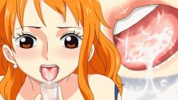  1girl animated animated_gif breath brown_eyes close-up cup earrings glass jewelry lips long_hair multiple_views nami_(one_piece) one_piece open_mouth orange_hair saliva saliva_trail stud_earrings teeth thedecade tongue tongue_out 