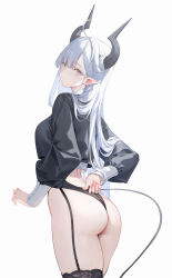  1girl ahoge arm_behind_back ass black_garter_straps black_horns black_shirt black_tail black_thighhighs closed_mouth commentary cropped_shirt demon_girl demon_horns demon_tail fingernails from_behind garter_straps grey_eyes highres horns long_hair long_sleeves looking_at_viewer looking_back nail_polish nekojira no_pants original parted_bangs pink_nails pointy_ears puffy_long_sleeves puffy_sleeves shirt simple_background solo symbol-only_commentary tail thea_(nekojira) thighhighs thighs white_background white_hair 
