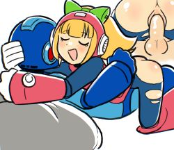 1boy 1girl alternate_costume ass blonde_hair blush bow brother_and_sister capcom child_on_child close-up closed_eyes green_bow helmet hetero highres hug incest loli mega_man_(character) mega_man_(classic) mega_man_(series) penis pie_(aipiepo) pussy roll_(mega_man) sex shota siblings simple_background smile testicles torn_clothes torn_legwear vaginal white_background rating:Explicit score:123 user:lamarfll