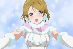  1girl bow breasts brown_hair gloves hair_bow highres koizumi_hanayo large_breasts looking_at_viewer love_live! love_live!_school_idol_project nagi_mkrnpn outstretched_arms purple_eyes short_hair winter_clothes 