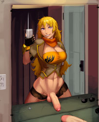  1girl aka6 amputee blonde_hair breasts camera_flash foreskin futanari glasses grin highres huge_penis jewelry large_breasts mirror necklace penis phimosis phone rwby scarf selfie smile solo spoilers sunglasses testicles uncensored yang_xiao_long  rating:Explicit score:199 user:TeddyGG