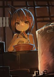  10s 1girl absurdres bowl brown_eyes brown_hair chopsticks eating female_focus folded_ponytail food hair_ornament hairclip highres inazuma_(kancolle) indoors kamindani kantai_collection looking_at_viewer noodles solo  rating:Sensitive score:7 user:rowlandt