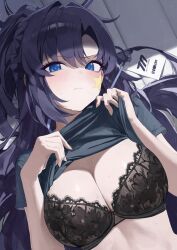  1girl black_bra black_halo black_shirt blue_archive blue_eyes blue_hair blush bra breasts cleavage closed_mouth clothes_lift commentary_request from_above gym_shirt hair_intakes halo highres id_card ki-16 lace lace-trimmed_bra lace_trim large_breasts lifting_own_clothes long_hair looking_at_viewer lying mechanical_halo official_alternate_costume official_alternate_hairstyle on_back parted_bangs purple_hair shirt shirt_hold shirt_lift short_sleeves solo star_sticker sticker_on_face sweat underwear upper_body very_long_hair yuuka_(blue_archive) yuuka_(track)_(blue_archive)  rating:Sensitive score:31 user:danbooru