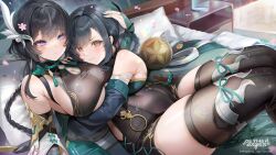  2girls aether_gazer alice_vu back_ribbon ball black_hair black_leotard black_thighhighs blue_sleeves braided_hair_rings breast_press breasts cleavage cleavage_cutout clothing_cutout copyright_name covered_navel detached_sleeves feet_out_of_frame gloves green_gloves hair_ornament highres hug large_breasts leotard light_blush linyu_(aether_gazer) looking_at_another looking_at_viewer lying multiple_girls nightstand on_back on_bed orange_eyes parted_bangs purple_eyes raised_eyebrows second-party_source skindentation smile temari_ball thick_thighs thighhighs thighs underboob v-shaped_eyebrows ying_zhao_(aether_gazer) 