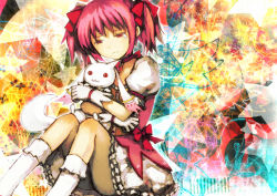  10s 1girl :3 abstract_background bow colorful crying gloves hair_bow highres kaname_madoka kyubey mahou_shoujo_madoka_magica mahou_shoujo_madoka_magica_(anime) pink_eyes pink_hair red_eyes short_hair short_twintails sitting skirt socks tears tsuchiya_akira twintails 
