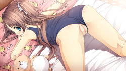  1girl ass bed bent_over blue_eyes blush brown_hair cleft_of_venus clothing_aside cum cura flat_(company) highres loli looking_at_viewer monobeno one-piece_swimsuit open_mouth pussy pussy_juice sawai_natsuha school_swimsuit solo swimsuit swimsuit_aside top-down_bottom-up uncensored  rating:Explicit score:219 user:gargamiel