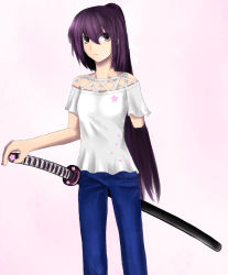  amputee denim highres jeans katana long_hair pants purple_eyes purple_hair sword weapon  rating:Sensitive score:4 user:Jack75