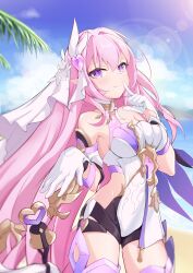  1girl 985033432 absurdres bare_shoulders beach bell black_shorts blue_sky breasts brooch clothing_cutout cloud cloudy_sky elbow_gloves elf elysia_(herrscher_of_human:ego)_(honkai_impact) elysia_(honkai_impact) finger_to_mouth gloves hair_between_eyes heart heart_brooch highres honkai_(series) honkai_impact_3rd jewelry long_hair looking_at_viewer offering_hand palm_tree pink_eyes pink_hair pink_pupils pointy_ears sand shirt short_shorts shorts side_cutout sky solo sunlight thighhighs thighs tree triquetra very_long_hair water white_gloves white_shirt white_veil zettai_ryouiki 