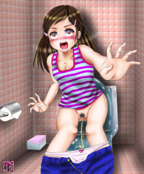 1girl bathroom blush breasts brown_hair embarrassed loli looking_at_viewer panties panty_pull peeing pink_panties pubic_hair pussy restroom sitting small_breasts surprised toilet toilet_use uncensored underwear walk-in rating:Explicit score:38 user:loli-farewell