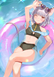  1girl afloat alternate_costume animal_ears ari_don bikini blush from_above grey_bikini grey_hair heart heart-shaped_eyewear highres innertube looking_at_viewer lying mouse_ears mouse_girl mouse_tail nazrin one_eye_closed red_eyes short_hair smile solo swim_ring swimsuit tail touhou water 