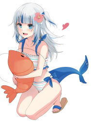  1girl animal_hood bare_shoulders bikini blue_eyes blue_hair blunt_bangs blush breasts feet fins fish_tail gawr_gura grey_hair h2o_(ddks2923) hair_ornament hololive hololive_english hood kneeling long_hair looking_to_the_side multicolored_hair open_mouth shark_girl shark_hair_ornament shark_tail sharp_teeth shrimp simple_background small_breasts smile solo streaked_hair striped_bikini striped_clothes stuffed_toy swimsuit tail teeth virtual_youtuber white_background 