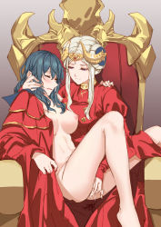 2girls blush breasts byleth_(female)_(fire_emblem) byleth_(fire_emblem) cape closed_eyes clothed_female_nude_female double_bun edelgard_von_hresvelg fingering fire_emblem fire_emblem:_three_houses green_hair hair_bun hand_on_head iceky looking_at_another multiple_girls naked_cape nintendo nude open_mouth pussy pussy_juice red_cape silver_hair sitting sitting_on_lap sitting_on_person smile throne tiara yuri rating:Explicit score:185 user:danbooru