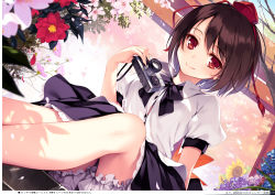 1girl absurdres bloomers bow brown_hair camera dutch_angle flower hat highres holding holding_camera ke-ta legs looking_at_viewer non-web_source page_number puffy_sleeves red_eyes shameimaru_aya shirt short_hair short_sleeves shorts sitting skirt smile solo tokin_hat touhou translation_request underwear white_bloomers rating:Sensitive score:13 user:danbooru