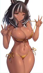  1girl absurdres animal_ears warrior_of_light_(ff14) bare_arms bare_shoulders bikini black_hair character_request commentary cowboy_shot dark-skinned_female dark_skin english_commentary eyeshadow facial_mark final_fantasy final_fantasy_xiv front-tie_bikini_top front-tie_top groin highres himeliofon looking_at_viewer makeup multicolored_hair navel red_lips side-tie_bikini_bottom simple_background solo standing stomach strap_pull streaked_hair swimsuit thick_thighs thighs viera white_background white_hair yellow_bikini yellow_eyes  rating:Sensitive score:65 user:danbooru