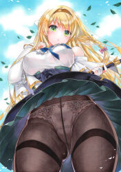  1girl 2022 artist_name atelier_(series) atelier_ryza atelier_ryza_1 bare_shoulders black_pantyhose blonde_hair blue_ribbon blue_sky blush bow braid breasts bright_pupils brown_hairband commentary_request cowboy_shot curvy dated day detached_sleeves falling_leaves floating_hair flute from_below gluteal_fold green_eyes green_skirt groin hair_between_eyes hair_bow hairband hand_up high-waist_skirt holding holding_flute holding_instrument instrument klaudia_valentz large_breasts leaf long_hair long_sleeves looking_at_viewer looking_down marker_(medium) neck_ribbon nordic_niku outdoors panties panties_under_pantyhose pantyhose parted_lips pink_bow pleated_skirt ribbon shirt single_braid skirt sky solo thighband_pantyhose traditional_media underwear very_long_hair white_panties white_shirt wind wind_lift 