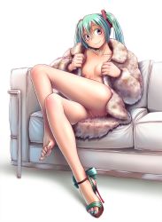  1girl barefoot blush body_blush breasts cleft_of_venus coat collarbone colored_eyelashes couch crossed_legs feet female_focus full_body fur_coat grabbing green_eyes green_hair green_nails hair_between_eyes hatsune_miku head_tilt high_heels highres indoors knees leg_lift leg_up legs lips long_hair long_image long_sleeves looking_at_viewer matching_hair/eyes multicolored_eyes nail_polish naked_coat naked_coat no_panties open_shoes pov pussy sandals shadow shoes simple_background single_shoe sitting small_breasts smile solo tall_image thighs third-party_edit toe_scrunch toenail_polish toenails toes twintails uncensored vocaloid white_background wokada  rating:Explicit score:385 user:jewbooru