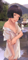  1girl absurdres anyannko blunt_bangs blunt_ends bob_cut brown_eyes building buttons dress flat_chest grass head_tilt highres hill loli looking_at_viewer mole mole_under_mouth naughty_face original outdoors paid_reward_available partially_unbuttoned river riverbank short_dress short_hair short_sleeves single_bare_shoulder solo tongue tongue_out undressing water white_dress 