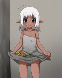 1girl :d blush burn_scar clothes_lift dark-skinned_female dark_elf dark_skin dress dress_lift elf female_focus flat_chest flower flying_sweatdrops gia_(abab0707) loli long_hair looking_at_viewer no_panties open_mouth original pointy_ears pussy red_eyes scar scar_on_face short_dress skirt_basket smile solo standing strap_slip torn_clothes torn_dress uncensored upskirt white_hair rating:Explicit score:134 user:sytalidis