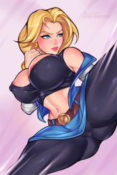  1girl android android_18 ange1witch blonde_hair blue_eyes breasts cameltoe dragon_ball dragonball_z earrings highres jewelry kicking large_breasts lipstick makeup midriff shiny_skin skirt tagme upskirt  rating:Questionable score:44 user:KamenRocker