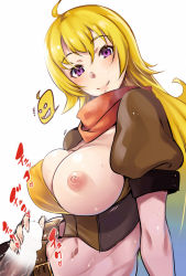  1girl ahoge akinaie blank_censor blonde_hair blush breasts brown_scarf censored handjob large_breasts long_hair looking_at_viewer navel nipples one_breast_out penis puffy_short_sleeves puffy_sleeves purple_eyes rwby scarf short_sleeves smile stomach sweat upper_body yang_xiao_long  rating:Explicit score:32 user:danbooru