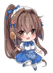  1girl absurdres apron blue_apron blue_bow blue_bowtie blue_skirt blush bow bowtie breasts brown_eyes brown_hair button_gap checkered_apron checkered_clothes cherry_blossoms chibi employee_uniform flower full_body gingham gingham_apron hair_between_eyes hair_flower hair_ornament high-waist_skirt highres holding holding_tongs kantai_collection kobeya_uniform long_hair looking_at_viewer mashiro_yukiya open_mouth pantyhose plaid plaid_apron pleated_shirt ponytail shirt short_sleeves simple_background skirt smile solo tongs uniform very_long_hair waitress white_background white_pantyhose white_shirt yamato_(kancolle) 