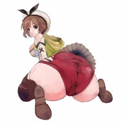 1girl ass atelier_(series) atelier_ryza bare_shoulders boots breasts brown_eyes brown_hair cameltoe emino from_behind hair_ornament hairclip hat huge_ass looking_at_viewer looking_back red_shorts reisalin_stout shiny_skin short_hair short_shorts shorts sideboob sitting smile solo thigh_boots thighhighs wariza rating:Questionable score:15 user:armorcrystal