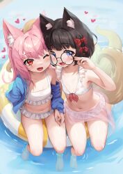  2girls :d ;d absurdres animal_ear_fluff animal_ears bare_arms bare_shoulders bikini black-framed_eyewear black_hair blue_eyes blue_jacket blush bow collarbone commentary_request commission fang food_print frilled_bikini frills from_above glasses hair_bow hand_up heart highres innertube jacket long_sleeves multiple_girls navel nyatrix off_shoulder one_eye_closed open_clothes open_jacket open_mouth original pink_hair print_bikini puffy_long_sleeves puffy_sleeves red_bow red_eyes round_eyewear see-through sitting sleeves_past_wrists smile strawberry_print suction_cups swim_ring swimsuit tentacles water white_bikini 