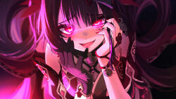  1girl :d bare_shoulders bell black_gloves blunt_bangs blurry blush breasts brown_hair butterfly-shaped_pupils cleavage close-up commentary criss-cross_halter depth_of_field english_commentary eyelashes eyes_visible_through_hair fangs floating_hair gloves glowing glowing_eyes halterneck hands_on_own_cheeks hands_on_own_face honkai:_star_rail honkai_(series) jingle_bell long_hair looking_at_viewer medium_breasts nail_polish neck_bell o-ring open_mouth raised_eyebrows red_eyes red_lips red_nails sidelighting single_glove smile solo sparkle_(honkai:_star_rail) straight-on symbol-shaped_pupils torriet tsurime twintails 