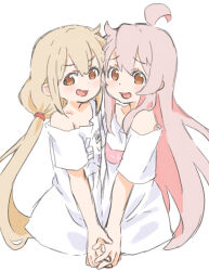 2girls :d absurdres ahoge bare_shoulders blonde_hair brown_eyes cheek-to-cheek clothes_writing commentary cropped_torso crossover dot_nose english_commentary futaba_anzu genderswap genderswap_(mtf) hair_between_eyes heads_together highres holding_hands idolmaster idolmaster_cinderella_girls long_hair mayoineko multiple_girls off_shoulder onii-chan_wa_oshimai! open_mouth oversized_clothes oversized_shirt oyama_mahiro pink_hair shirt short_hair simple_background sketch smile symmetrical_pose t-shirt trait_connection upper_body very_long_hair white_background white_shirt you_work_you_lose 