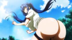  1girl alternate_hairstyle ass ass_focus assisted_exposure blue_hair bottomless breasts buruma gym_uniform huge_ass huge_breasts maken-ki! mature_female nijou_aki nipples_through_clothes outdoors plump screencap solo stitched takami_akio third-party_edit twintails wide_hips  rating:Questionable score:104 user:Chiefbeef