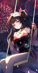  1girl absurdres bare_shoulders bell black_choker black_gloves black_hair blush building choker city commentary_request detached_sleeves dress fireworks flower_tattoo fox_mask gloves highres honkai:_star_rail honkai_(series) long_hair looking_at_viewer mask mask_on_head mole mole_under_each_eye mole_under_eye multiple_moles neck_bell night night_sky pink_eyes piu47 playground red_dress single_glove sitting sky sleeveless sleeveless_dress smile solo sparkle_(honkai:_star_rail) swing_set tattoo twintails 