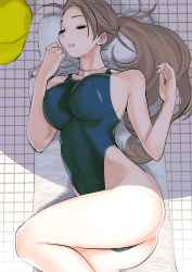 1girl absurdres ass breasts brown_hair closed_eyes competition_swimsuit covered_navel dytm from_above hat unworn_hat unworn_headwear highleg highleg_swimsuit highres large_breasts long_hair lying one-piece_swimsuit original parted_lips ponytail pool_monitor_part-timer_(dtym) shiny_skin sleeping solo swimsuit towel unconscious rating:Sensitive score:88 user:danbooru