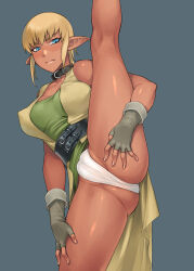  1girl ass bang-you blonde_hair blue_eyes blush breasts cameltoe character_request clothing_aside collar commentary_request cover_image covered_erect_nipples crystania dark-skinned_female dark_elf dark_skin dress dress_aside elf fingerless_gloves flexible gloves green_dress highres kneepits large_breasts leg_hold leg_lift leg_up panties pointy_ears record_of_lodoss_war short_hair solo split standing standing_on_one_leg standing_split textless_version thick_thighs thighs underwear white_panties 